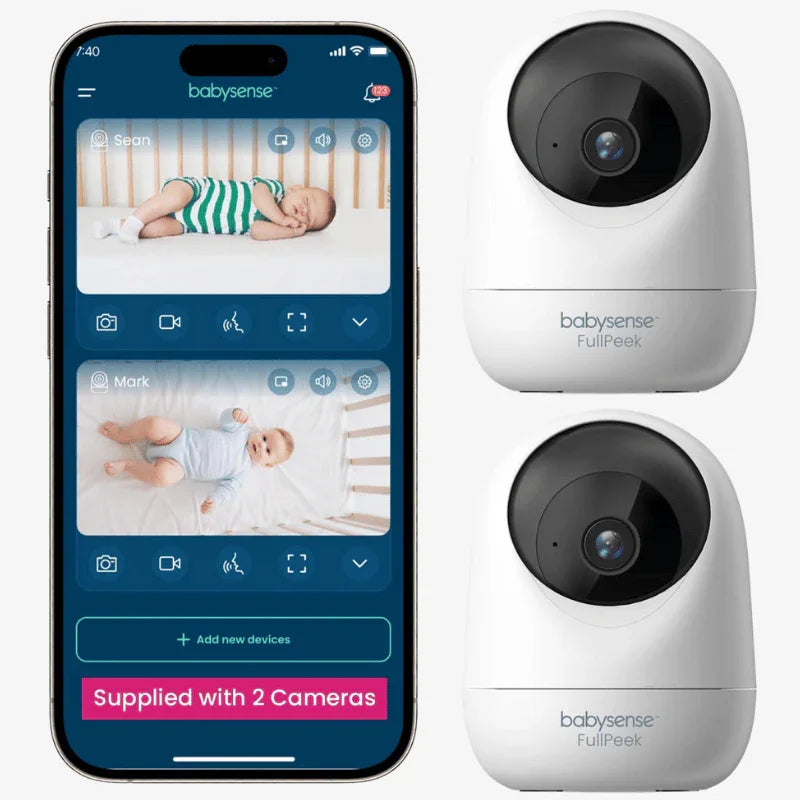 Official Babysense 2Peek product composite showing two FullPeek cameras and two app feeds on a phone.