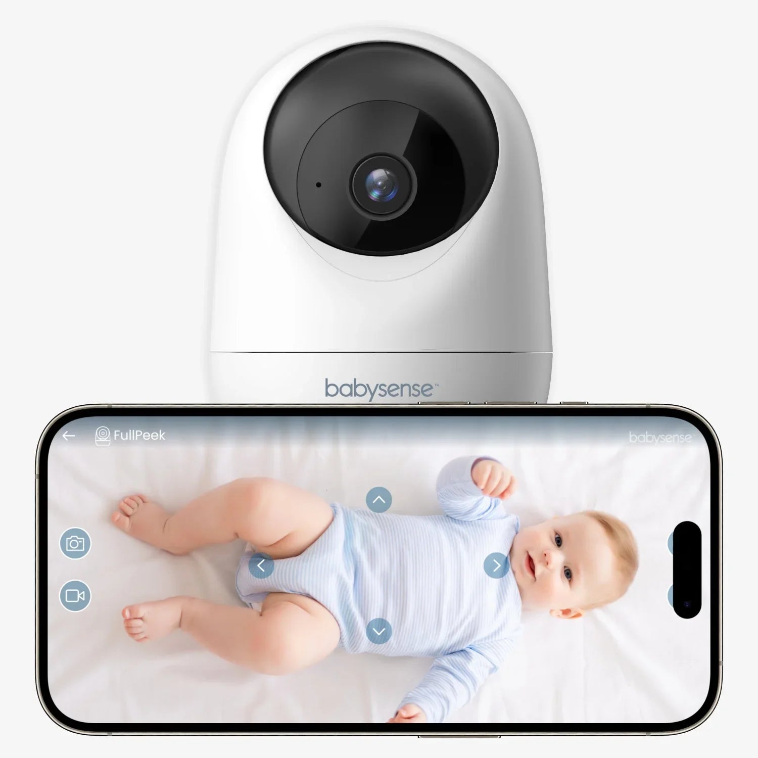 Official Babysense FullPeek image showing one white camera above a phone displaying its app feed.