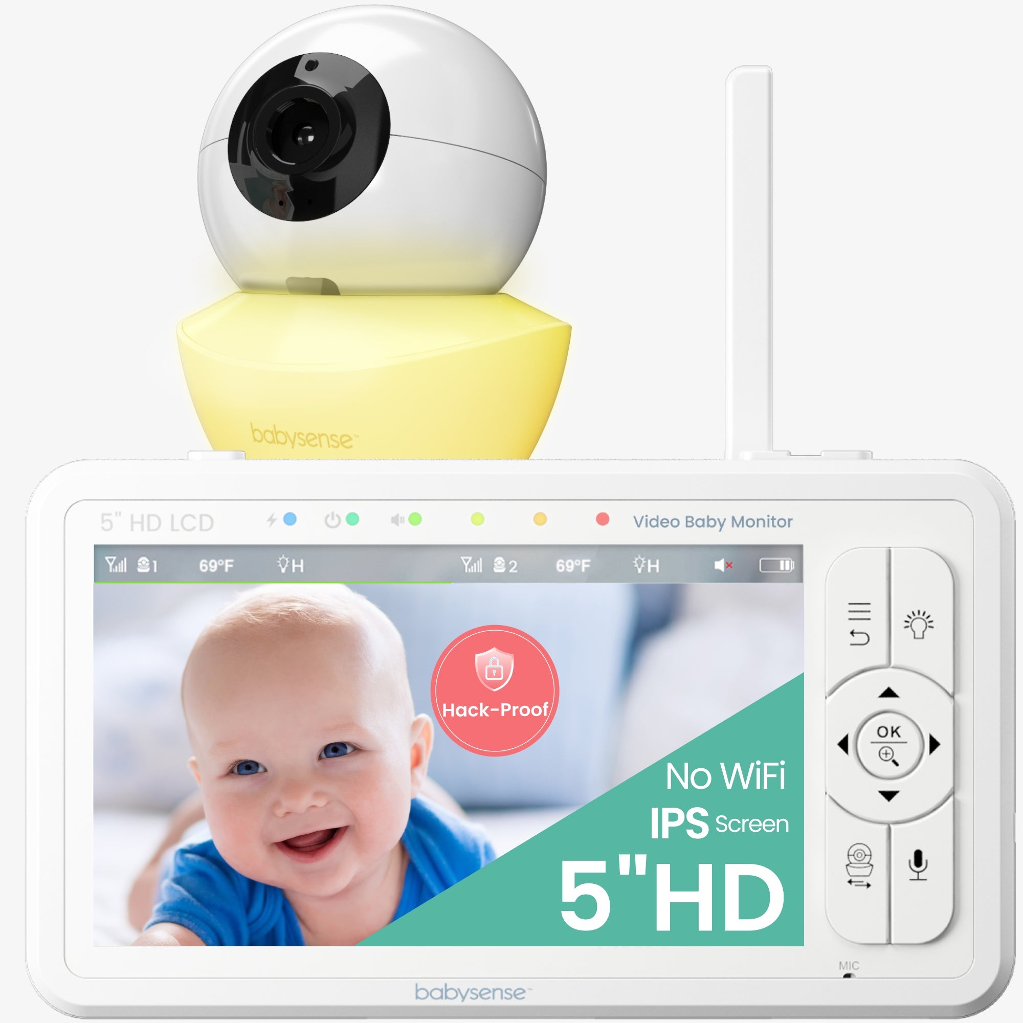 Official Babysense HD S2 one-camera product composition showing one camera and the dedicated parent monitor.