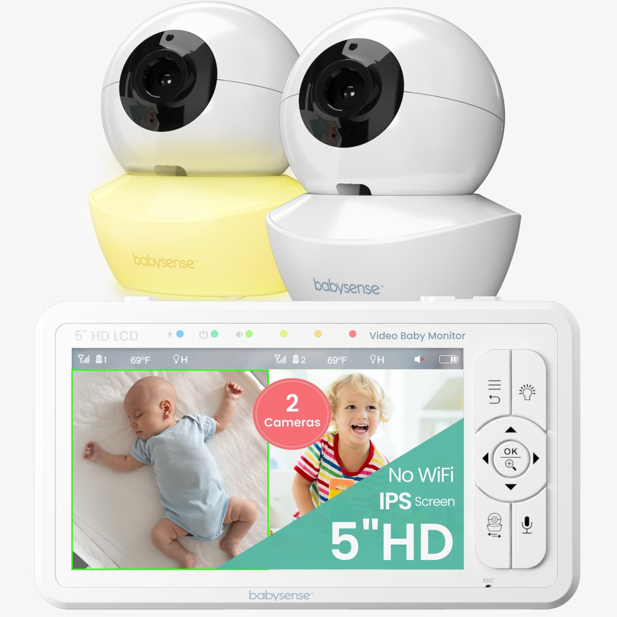 Official Babysense HD S2 two-camera product composition showing two camera units and a split-screen parent monitor.