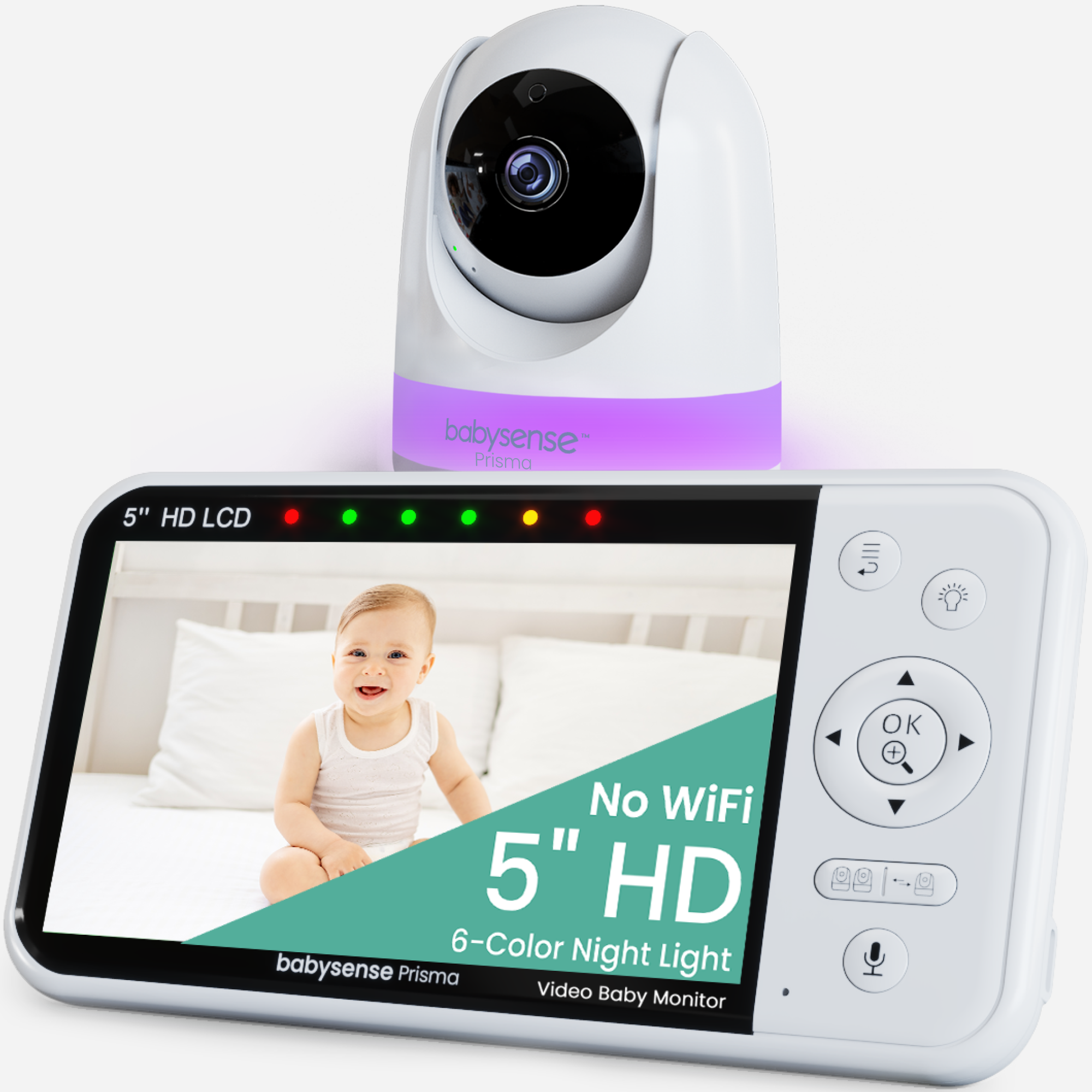 Babysense Prisma one-camera package: one white camera above the five-inch parent unit on a manufacturer-rendered background.