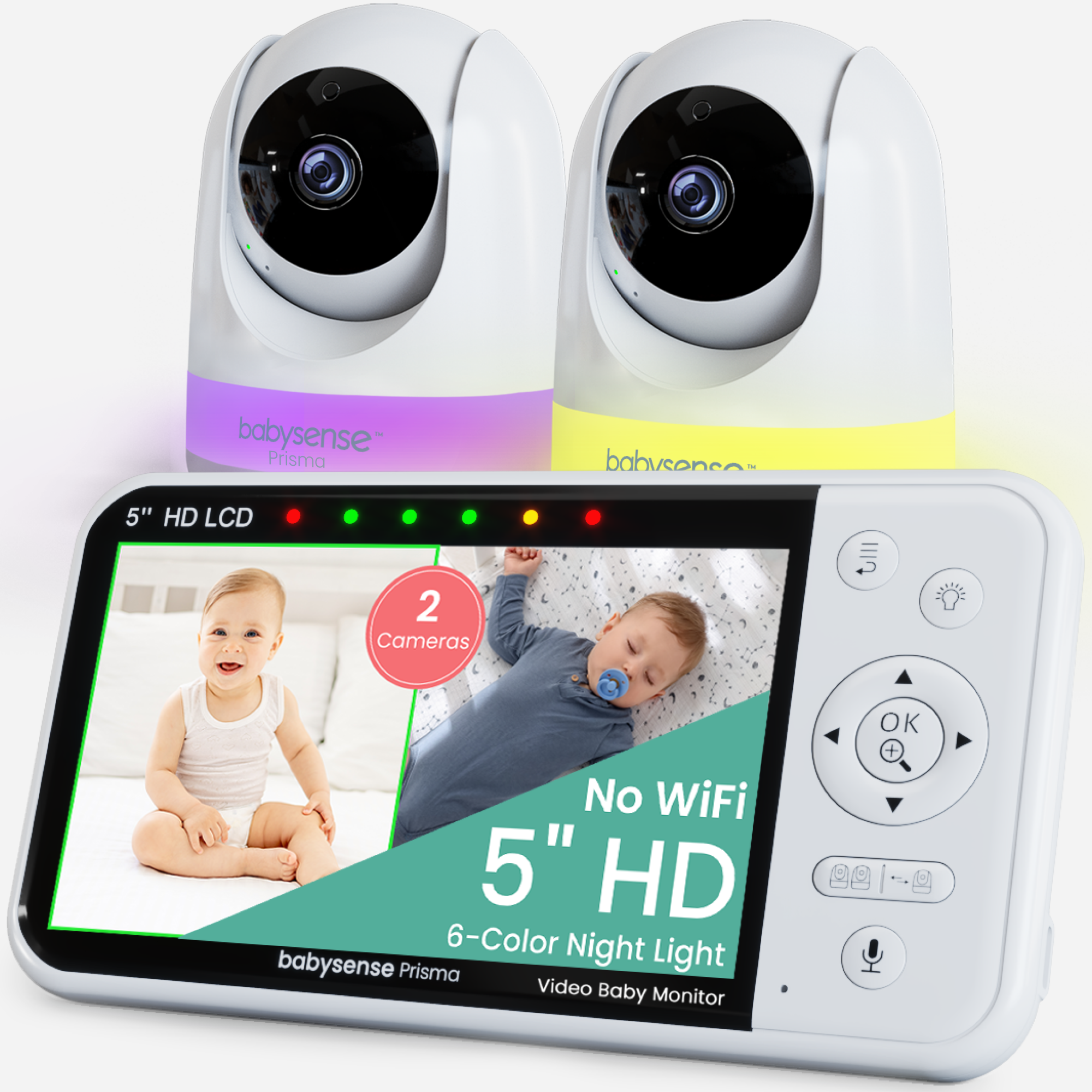 Babysense Prisma two-camera package: two white camera units above the five-inch parent unit showing split-screen, in a manufacturer-rendered composite.