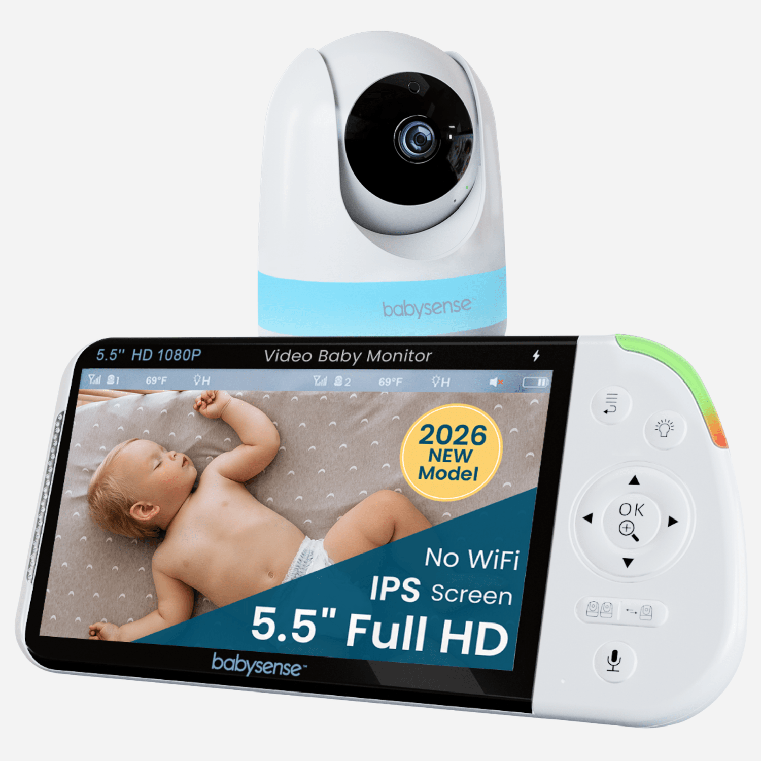 Babysense PRO one-camera package showing one camera and its 5.5-inch parent unit in an official manufacturer rendering.