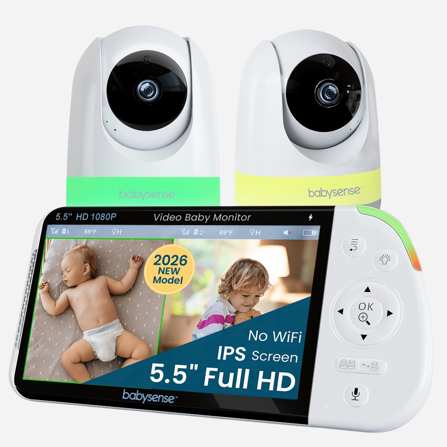 Babysense PRO two-camera package showing two cameras and a parent display with two pictures in an official manufacturer rendering.