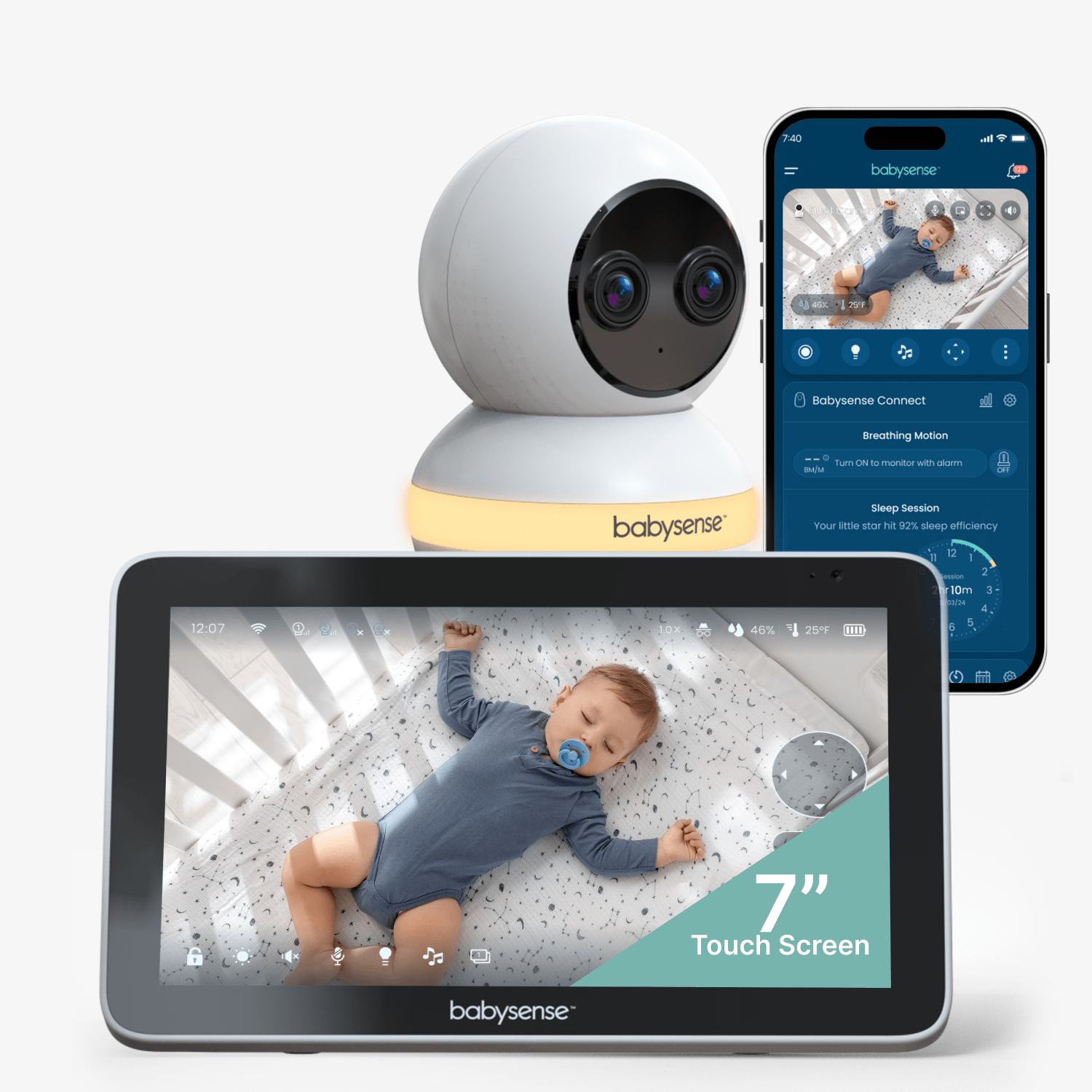 Babysense Touch 7-inch parent monitor, one dual-lens camera and app screen shown in an official manufacturer composite rendering.