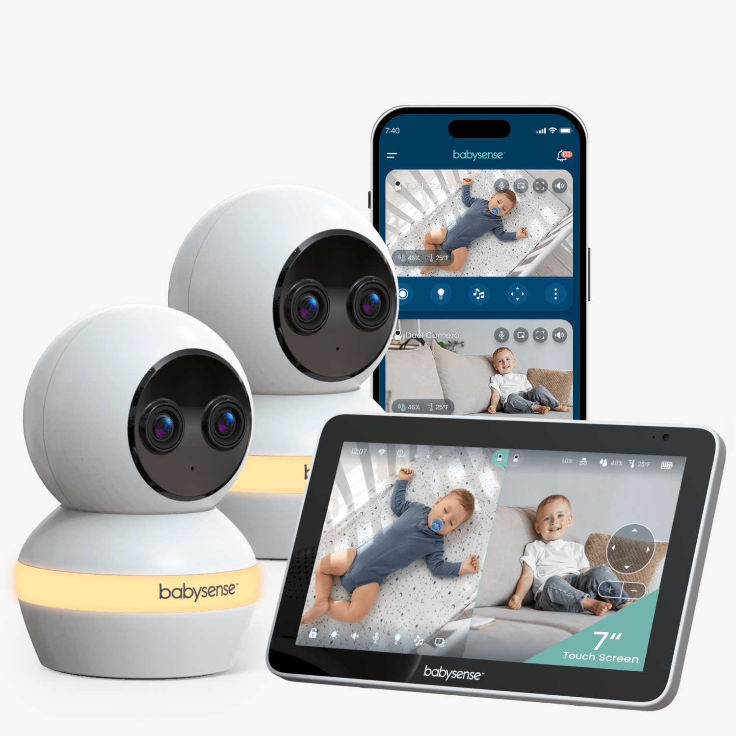 Babysense Touch parent monitor and two dual-lens cameras displayed in an official manufacturer composite rendering.