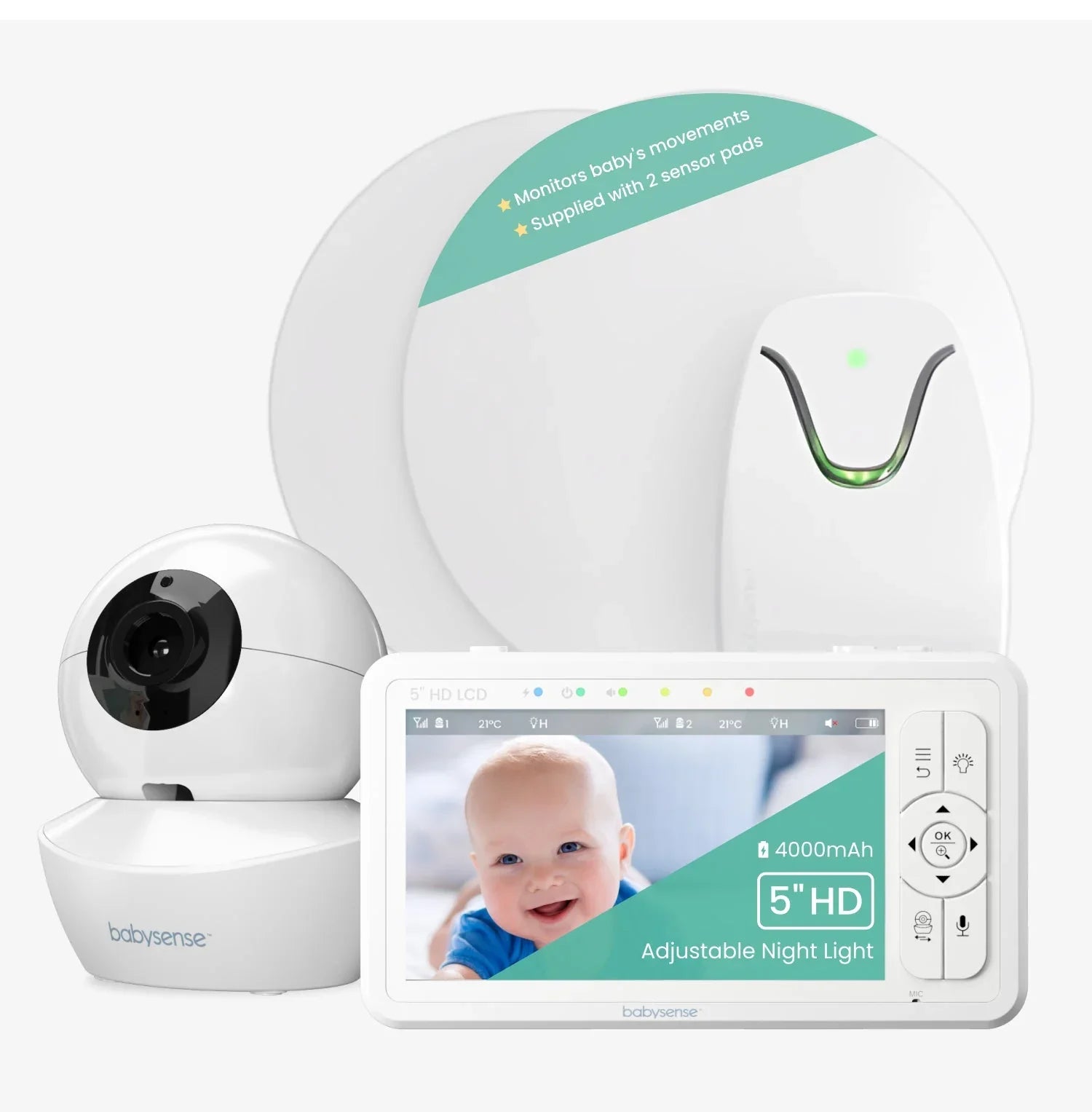 Babysense True Sleep one-camera bundle product rendering showing one HD S2 camera, local parent display and two under-mattress sensor pads.