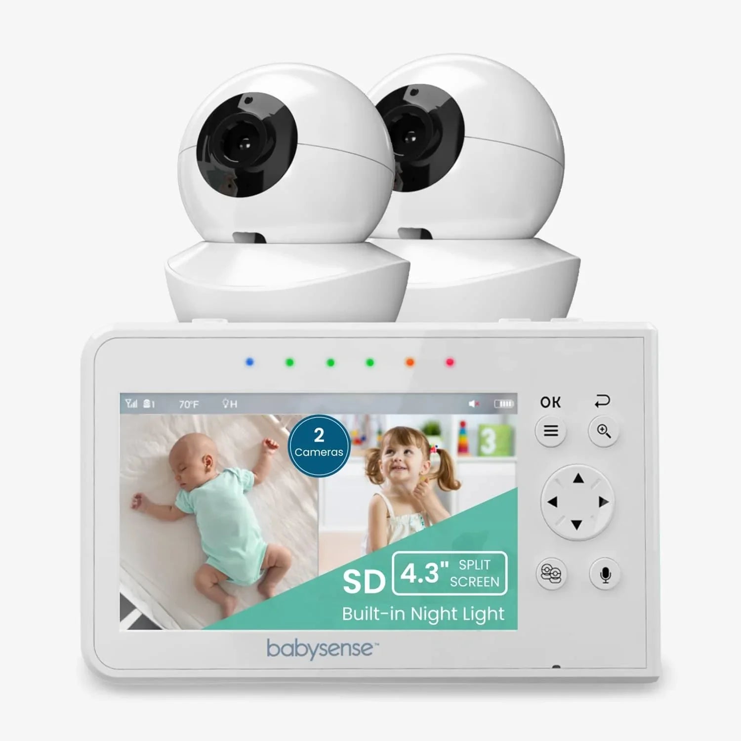 Babysense V43 two-camera monitor kit with two white pan/tilt cameras and a 4.3-inch parent display showing two split-screen images, in an official manufacturer rendering.