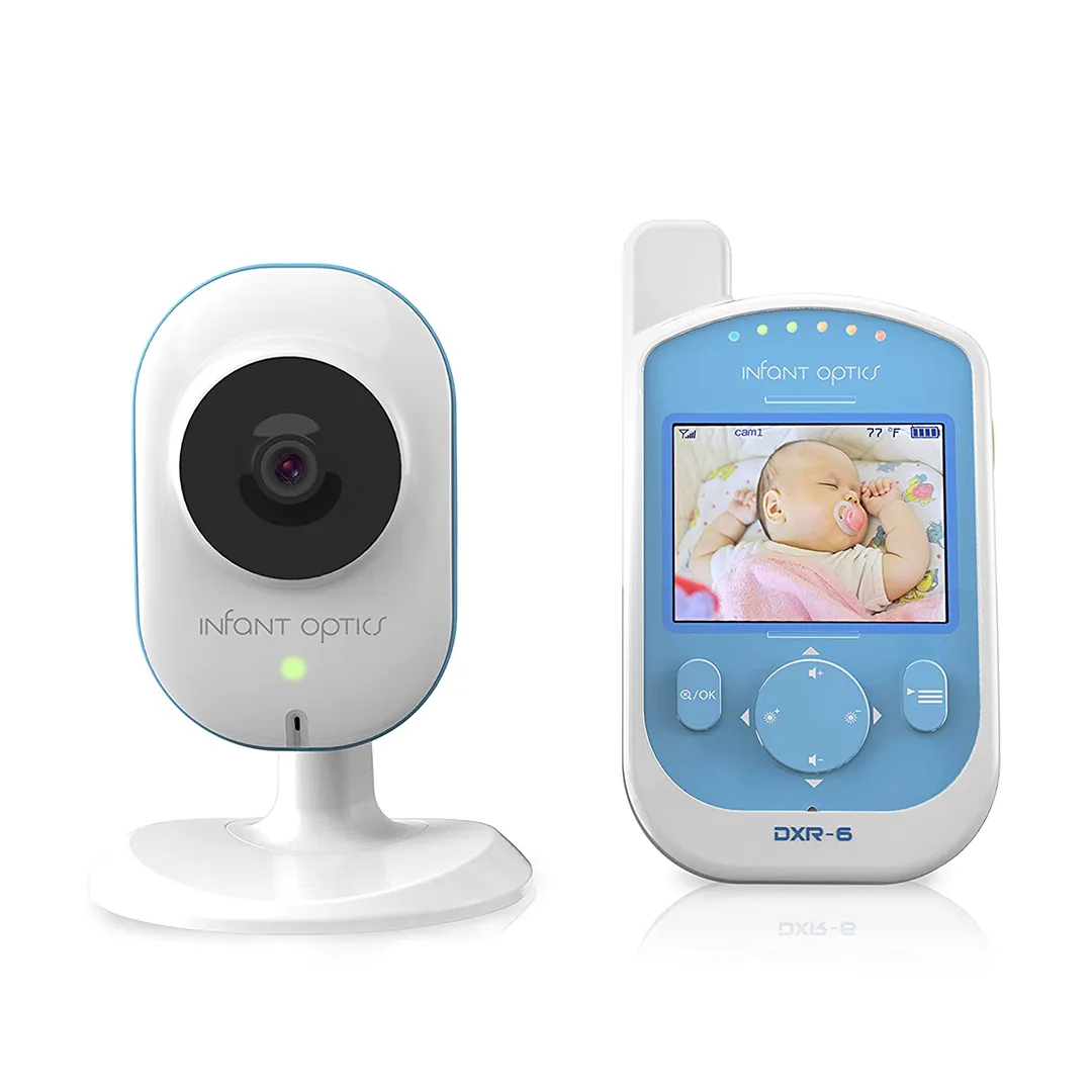 Infant Optics DXR-6 camera and blue 2.4-inch parent monitor shown in a manufacturer product rendering.
