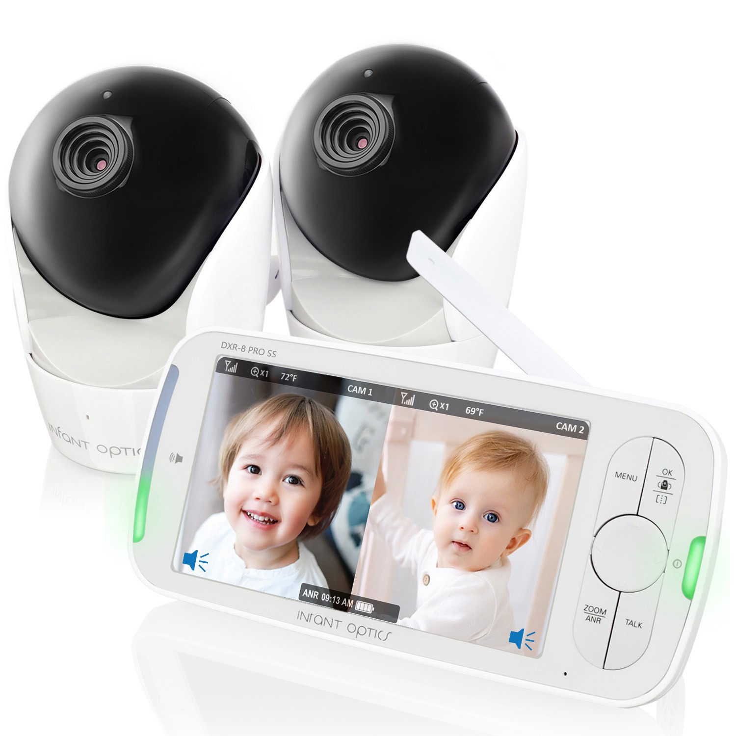 Infant Optics DXR-8 PRO SS parent unit with two cameras and split-screen display in a manufacturer product rendering.