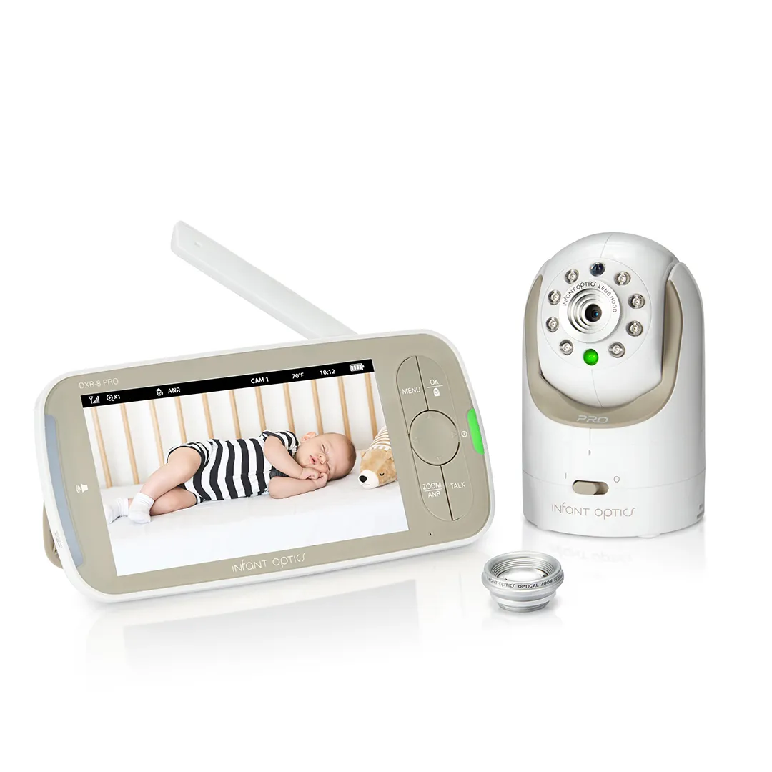 Infant Optics DXR-8 PRO five-inch parent unit, camera and optical zoom lens in a manufacturer product rendering.
