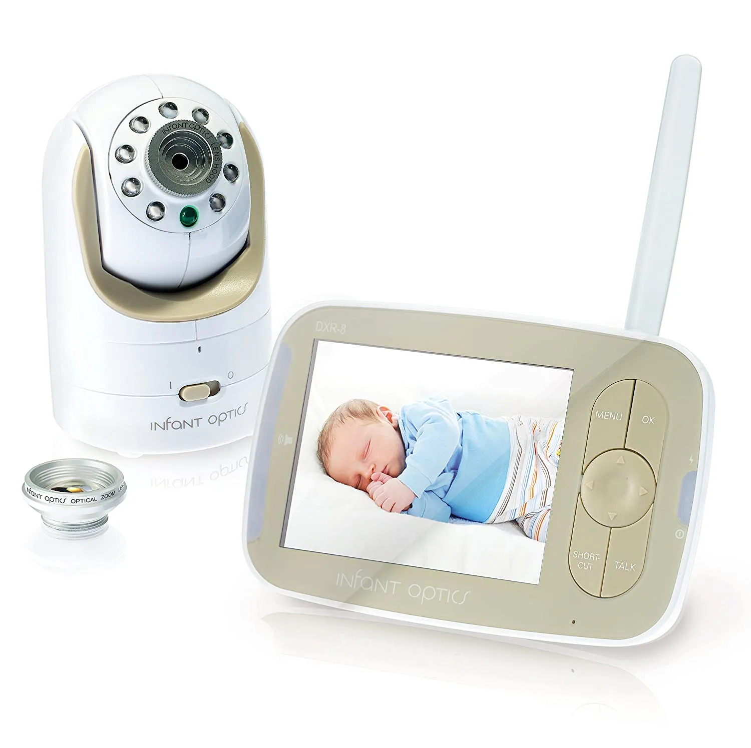 Original Infant Optics DXR-8 3.5-inch parent unit and camera shown with its optical zoom lens in a manufacturer product rendering.