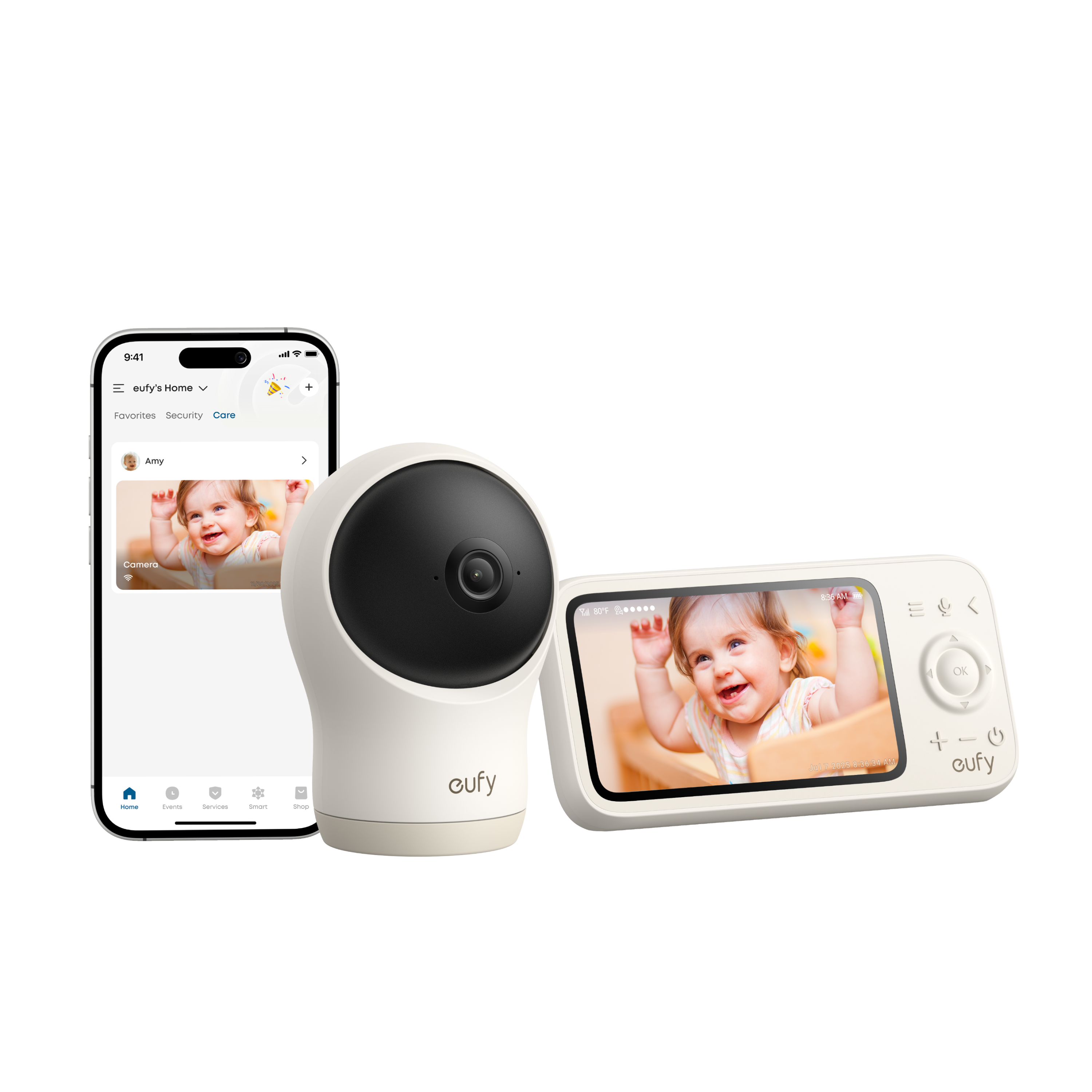 eufy Baby Monitor C10 camera, dedicated parent monitor and app-screen illustration in an official manufacturer composite.