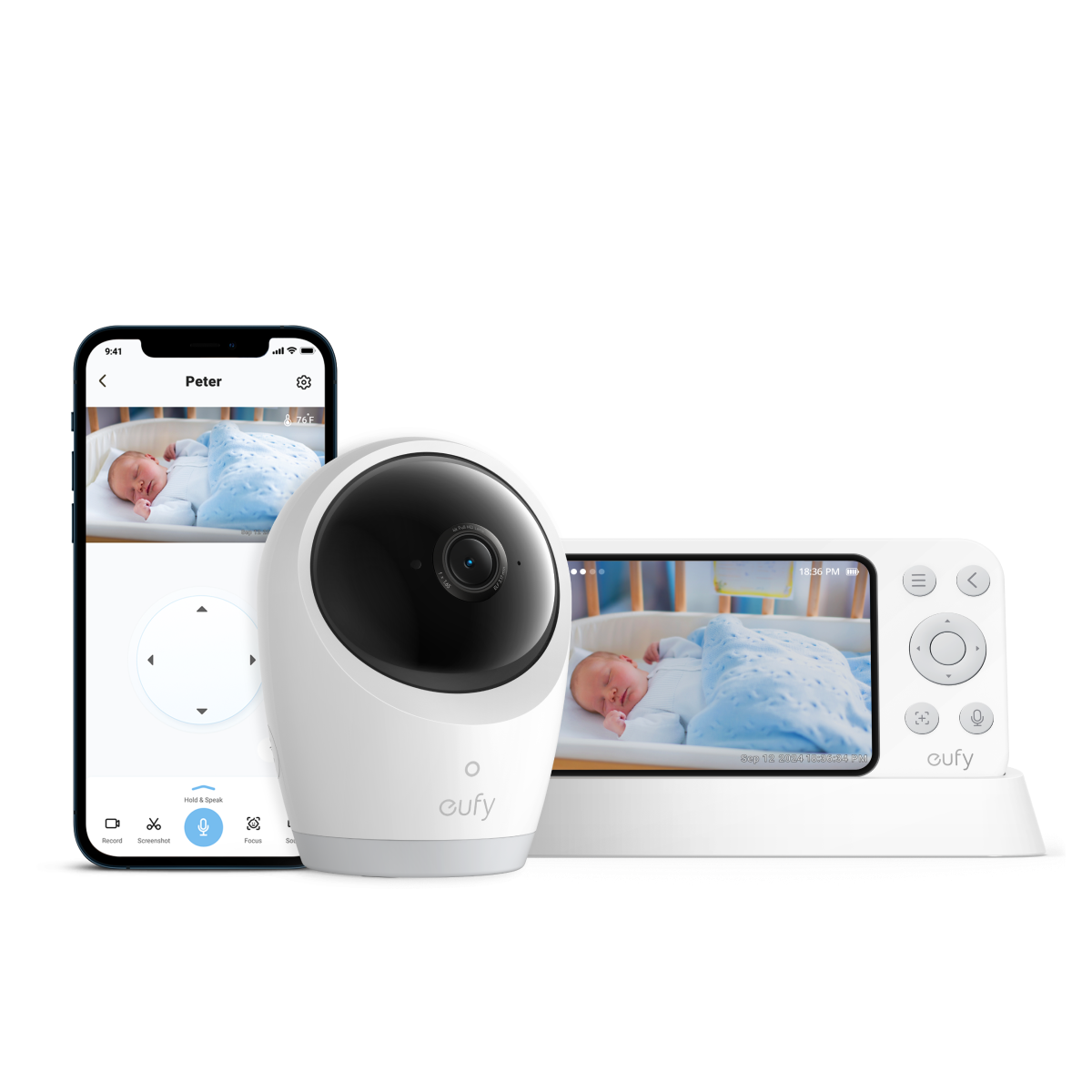 eufy E21 4K camera, parent monitor with charging stand and phone-app screen in a manufacturer composite rendering.