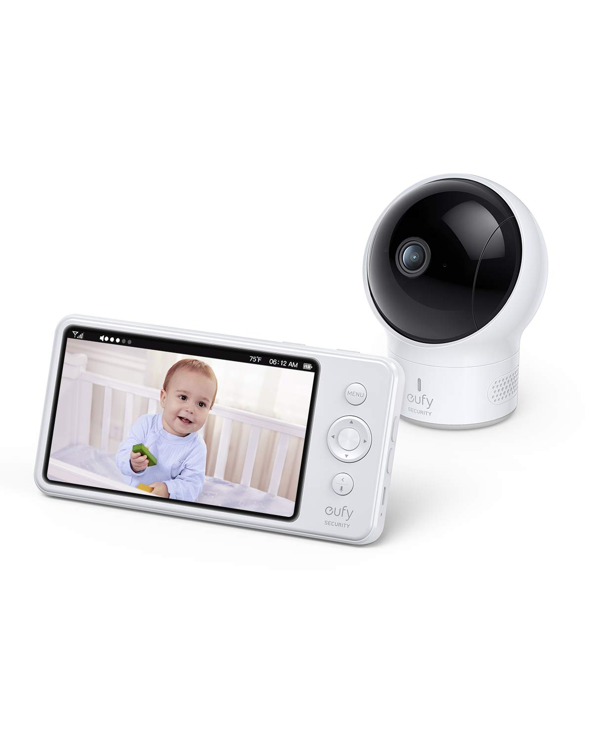 eufy SpaceView Pro T8312 manufacturer rendering showing a white camera and five-inch dedicated parent display.