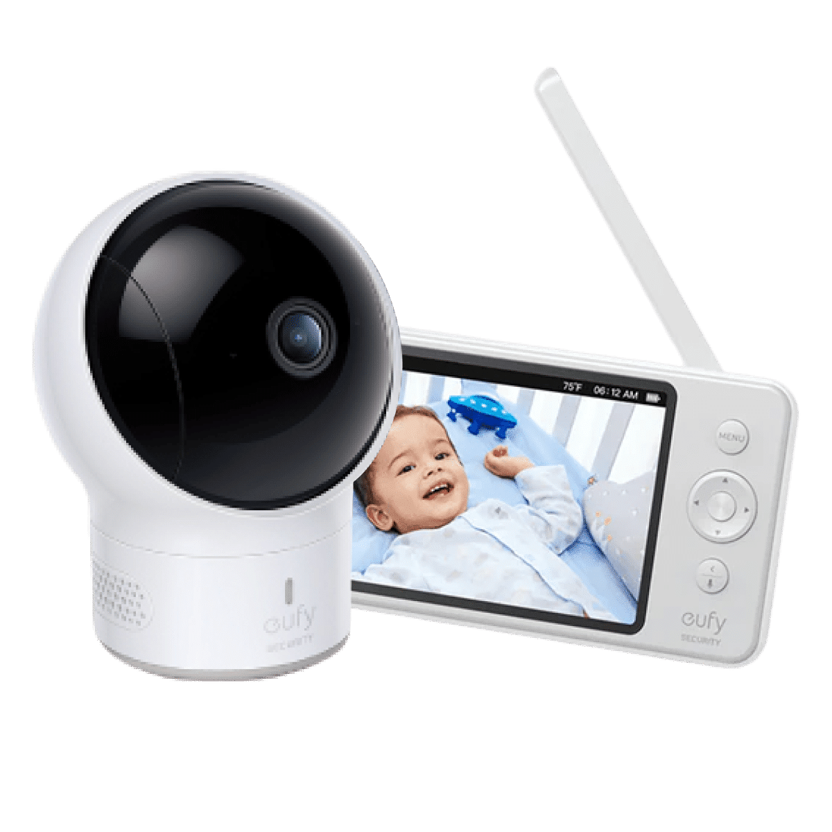 eufy SpaceView T8300 camera and dedicated parent monitor shown together in an official product rendering.
