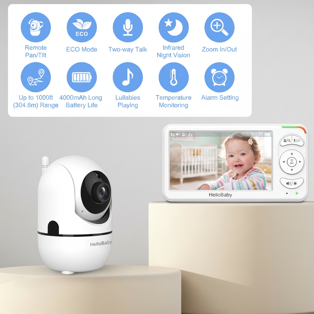 HelloBaby BBM838 receiver and one pan-and-tilt camera shown in a manufacturer product-page graphic.
