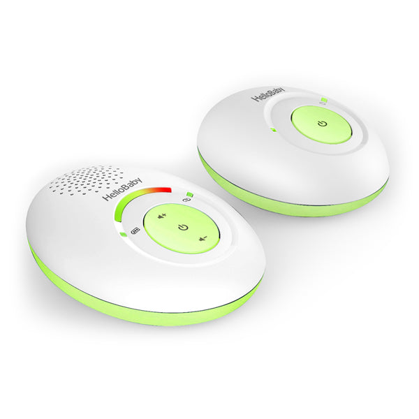 Ricevitore genitore e trasmettitore dell’unità bambino del monitor audio HelloBaby HB178, mostrati insieme.