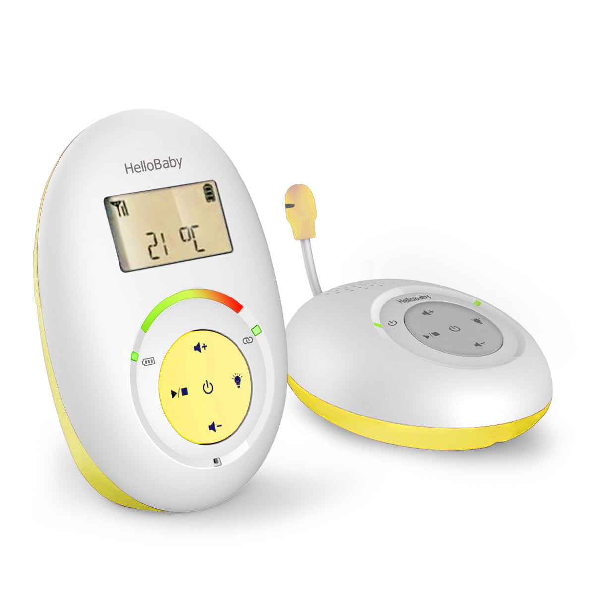 Unità genitore del monitor audio HelloBaby HB180, con display della temperatura e trasmettitore dell’unità bambino.