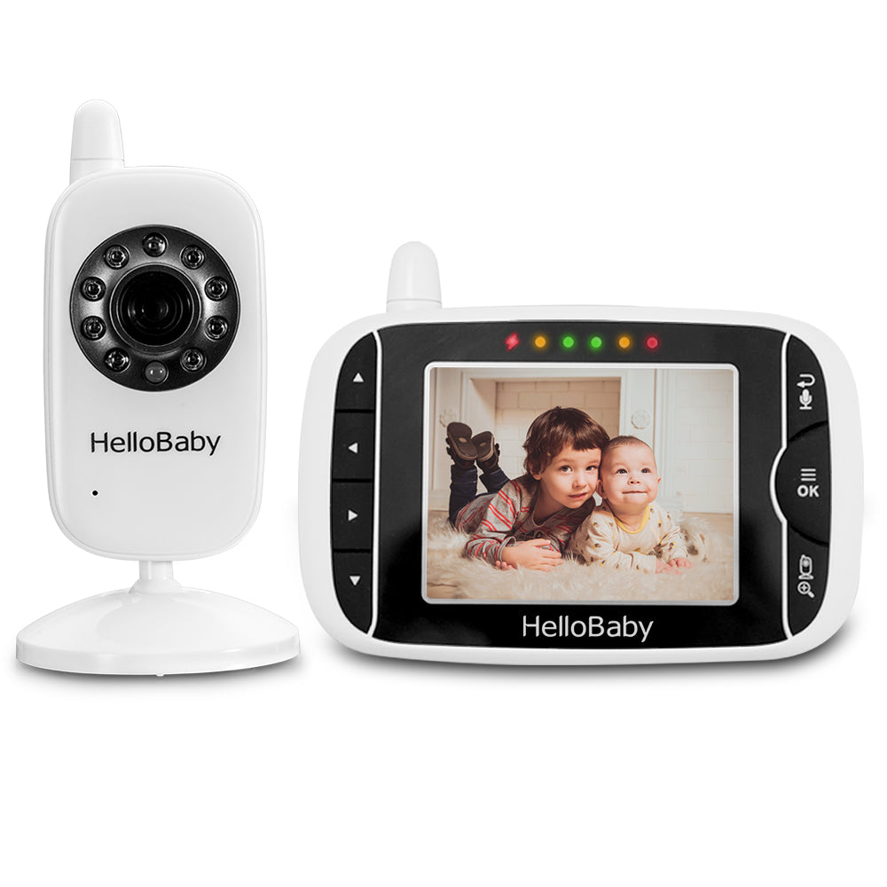 HelloBaby HB32 camera and dedicated parent display in a manufacturer product image.