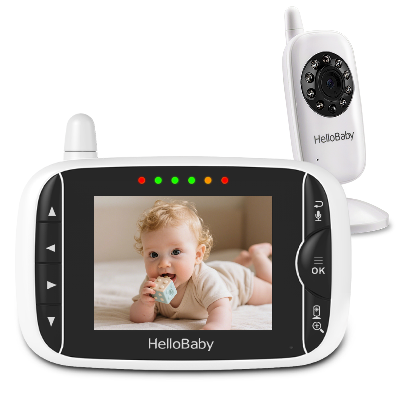 HelloBaby HB39 3.2-inch handheld parent unit with one camera in an official manufacturer rendering.