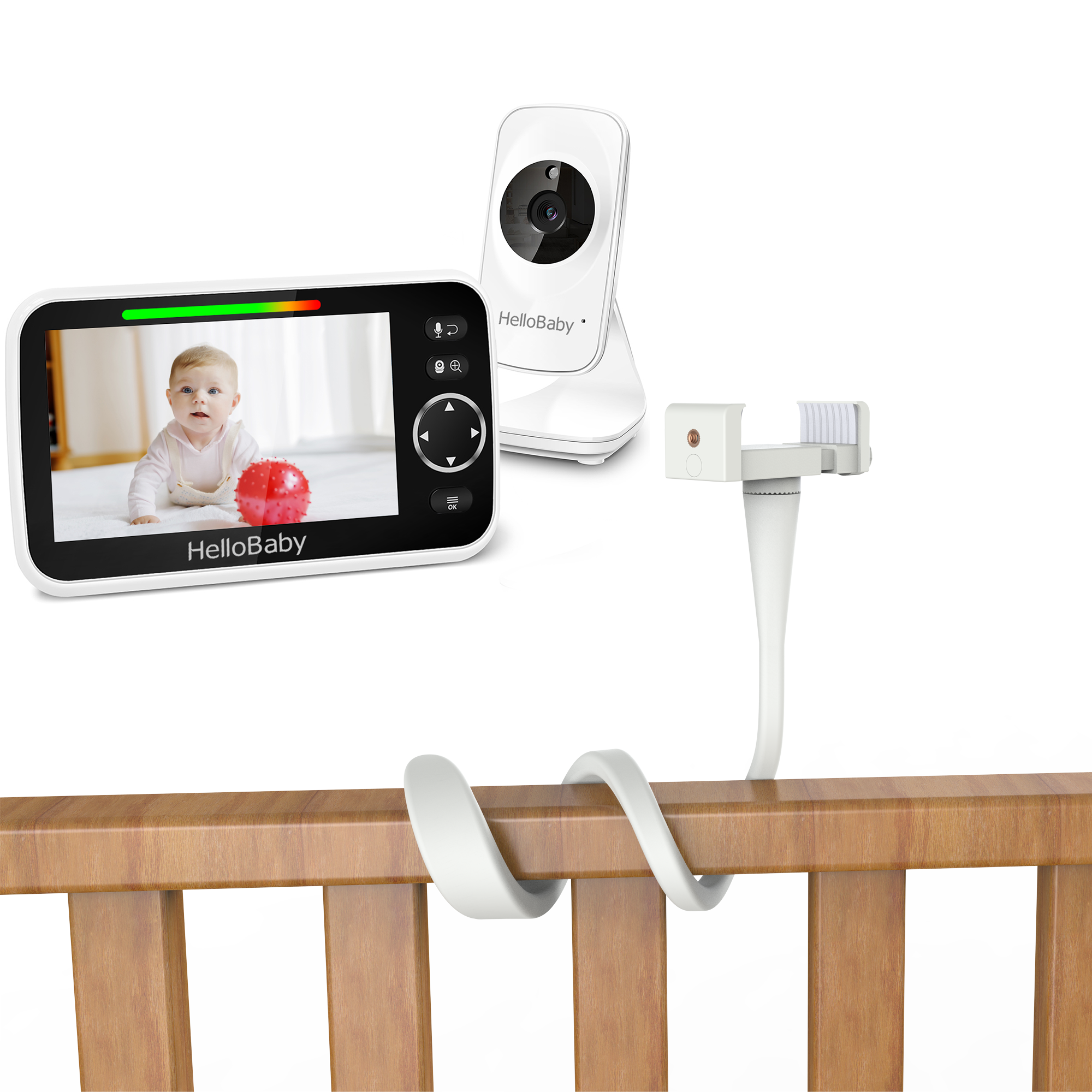 HelloBaby HB50 display and camera shown with the separately listed stand package.