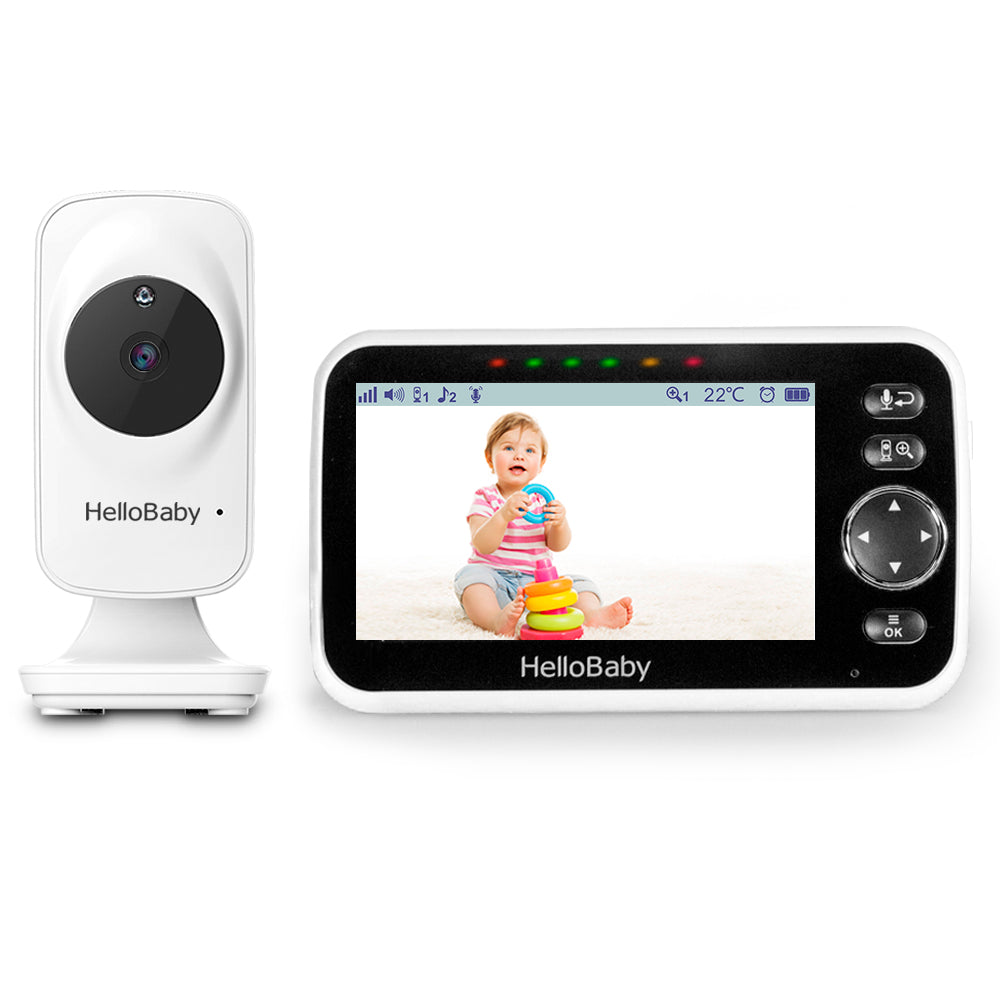 HelloBaby HB50 camera and dedicated parent display in the manufacturer's product rendering.