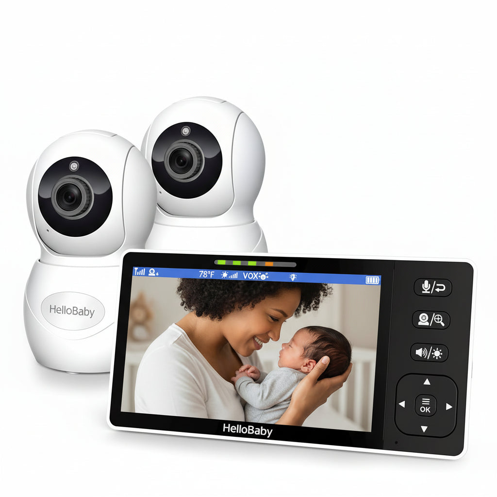 HelloBaby HB6081-2 Parent Unit and two camera units in the manufacturer product composite.