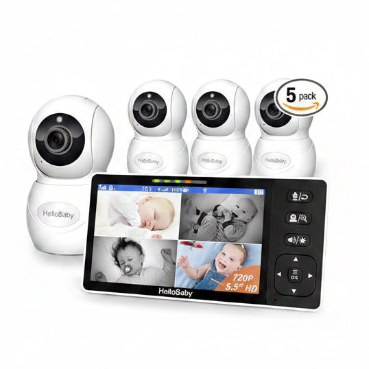 Four HelloBaby HB6081-4 camera units beside one 5.5-inch parent display in a manufacturer product rendering.