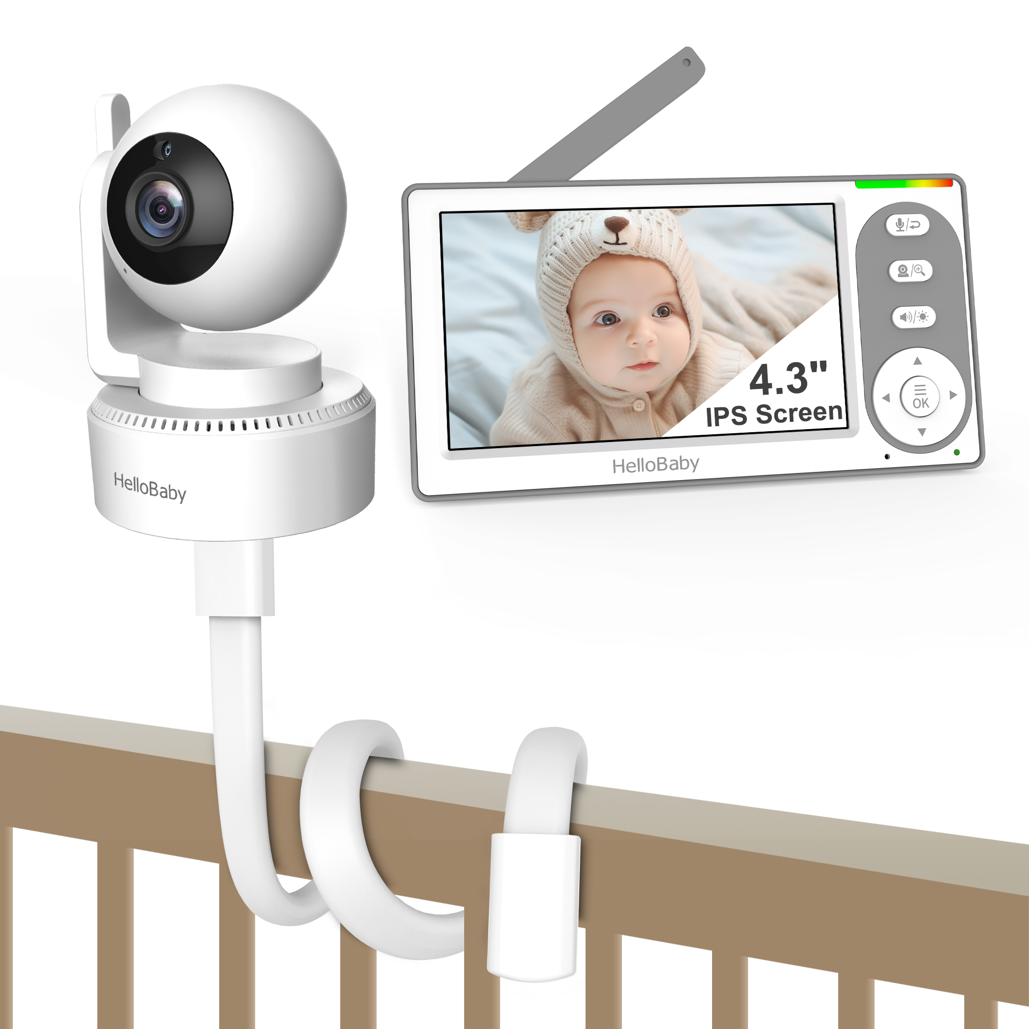 HelloBaby HB6148 parent screen and camera shown with the manufacturer's named stand option.