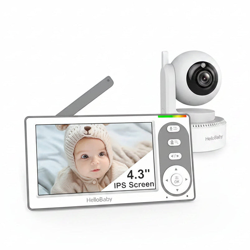 HelloBaby HB6148 4.3-inch parent unit beside one pan-and-tilt camera, as shown in the official listing image.