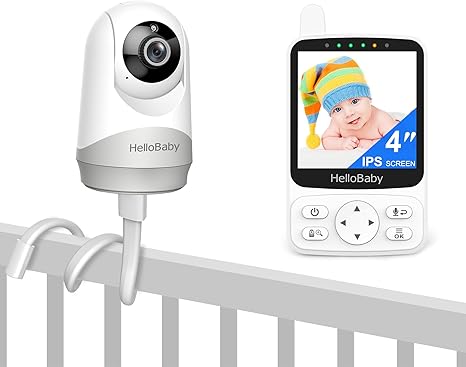 Manufacturer image of the HB6240 camera and parent display with the listed support stand attached to a crib rail.