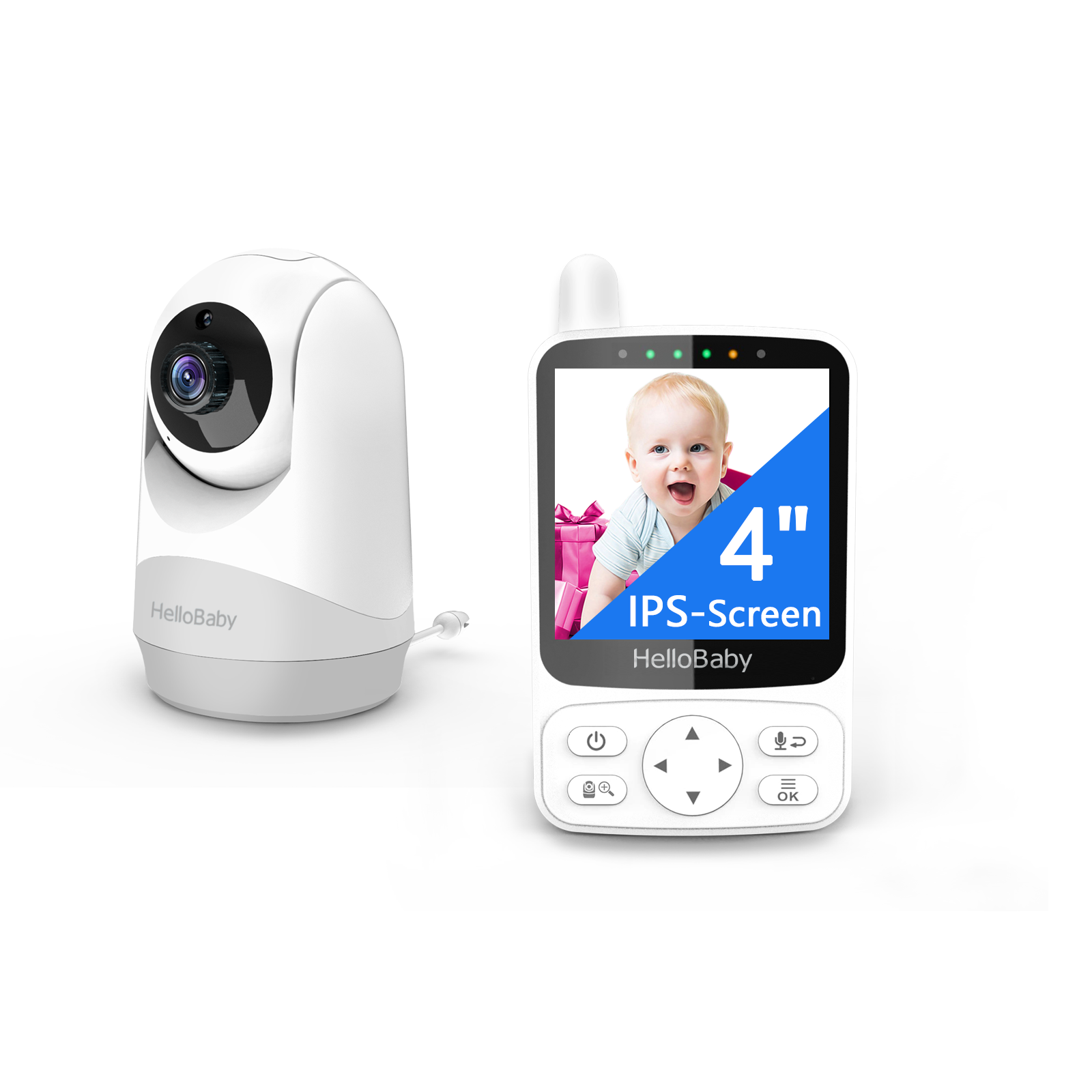 HelloBaby HB6240 listing image showing one camera beside a 4-inch IPS parent display.