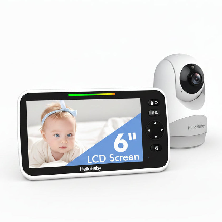 HelloBaby HB6250Plus monitor receiver and camera; screen artwork reads 6 inches and the optional stand is not pictured.