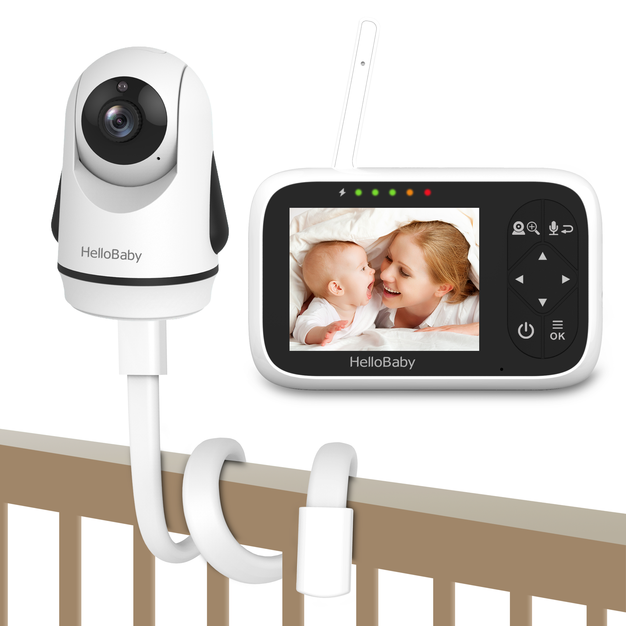 HelloBaby's HB6336 stand-listing image showing its camera support positioned beside a crib rail.