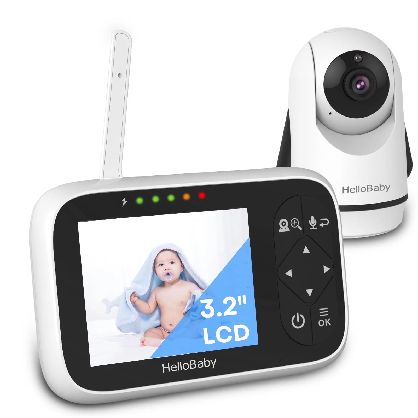 HelloBaby HB6336 manufacturer listing image showing one camera beside a 3.2-inch parent display.