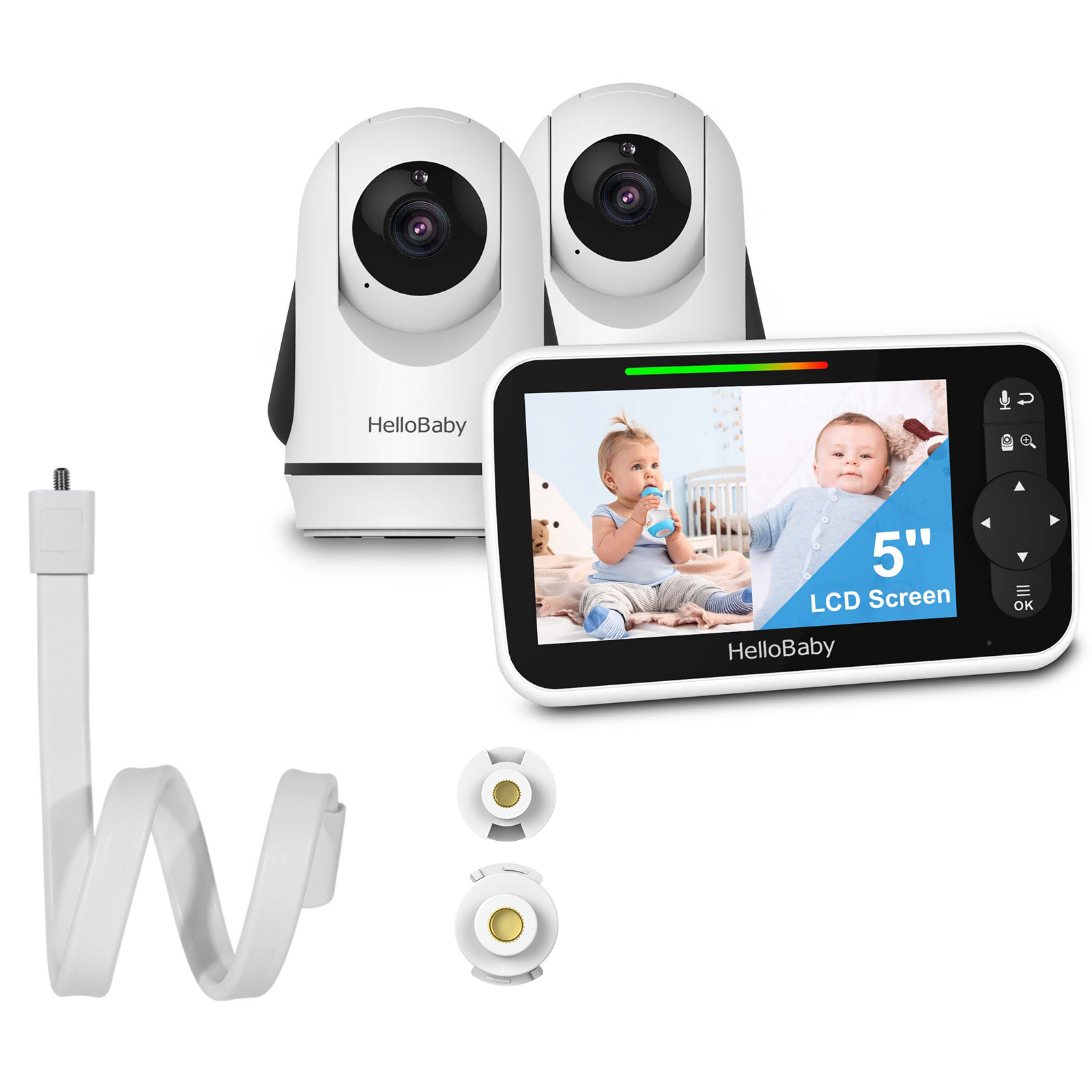 HelloBaby’s HB6351-2 stand-package listing image showing two cameras, a parent display, and the offered stands.