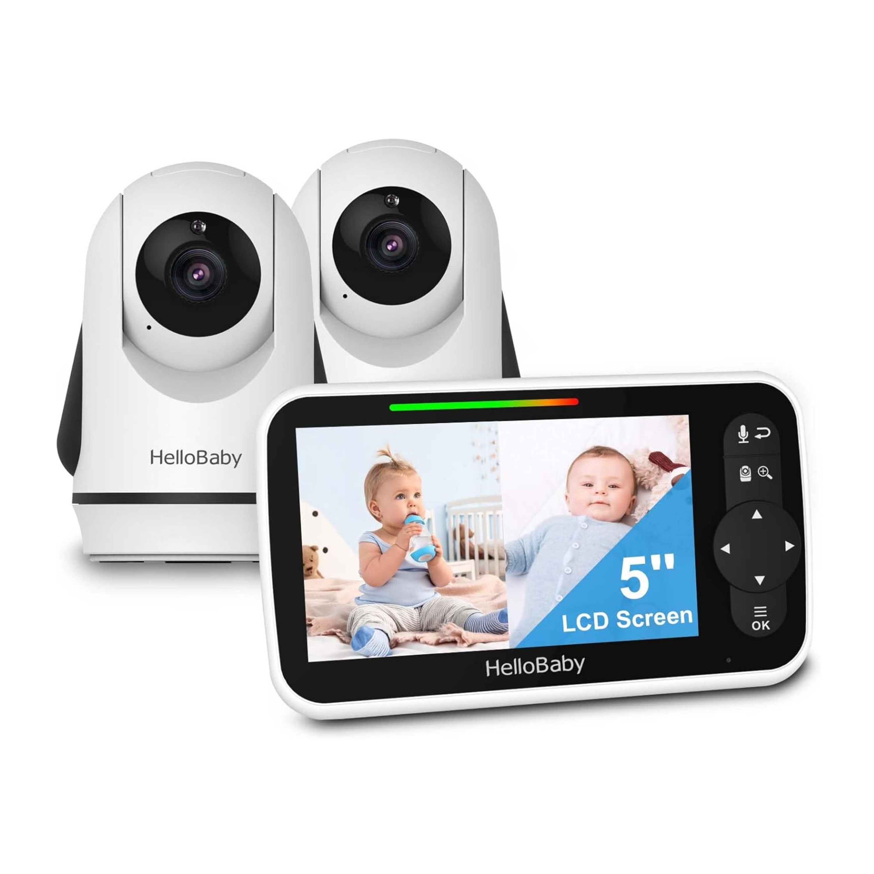 HelloBaby HB6351-2 manufacturer listing image showing the five-inch parent display and two camera units.
