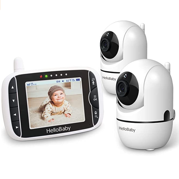 HelloBaby HB65-2 manufacturer listing image showing the 3.2-inch receiver and two camera units.