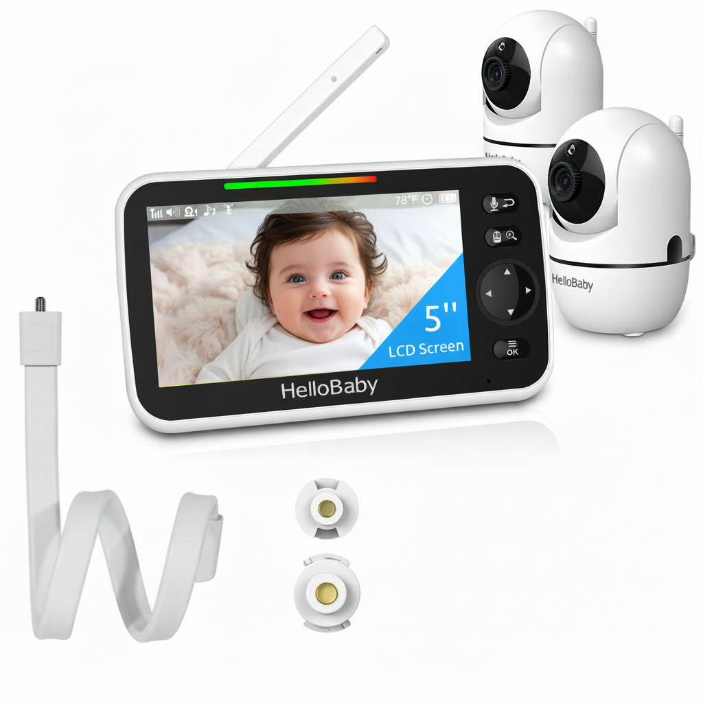HelloBaby HB6550-2 five-inch display and two cameras shown with two stands in official manufacturer product art.