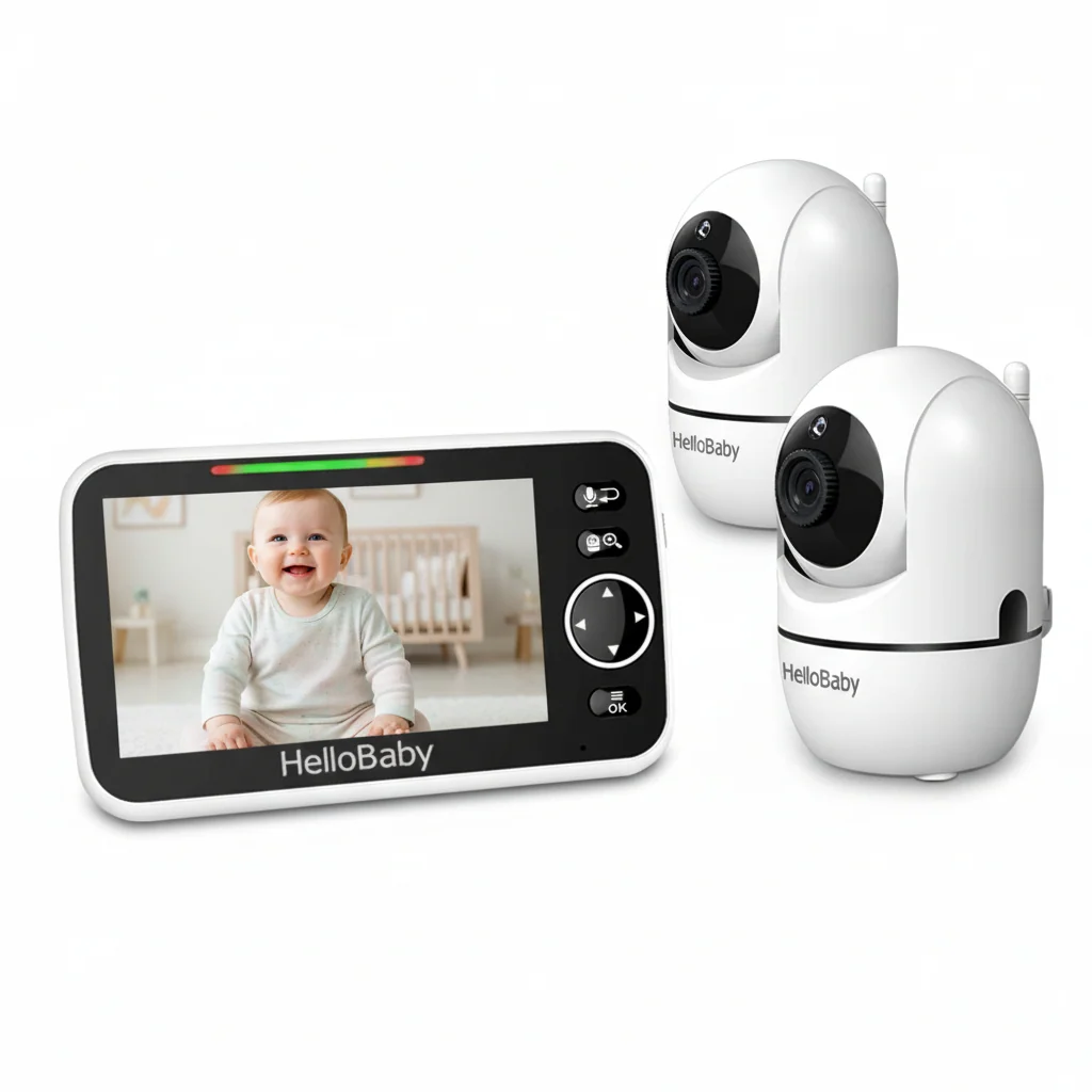 HelloBaby HB6550-2 two-camera kit with one parent display and two camera units in the manufacturer product rendering.