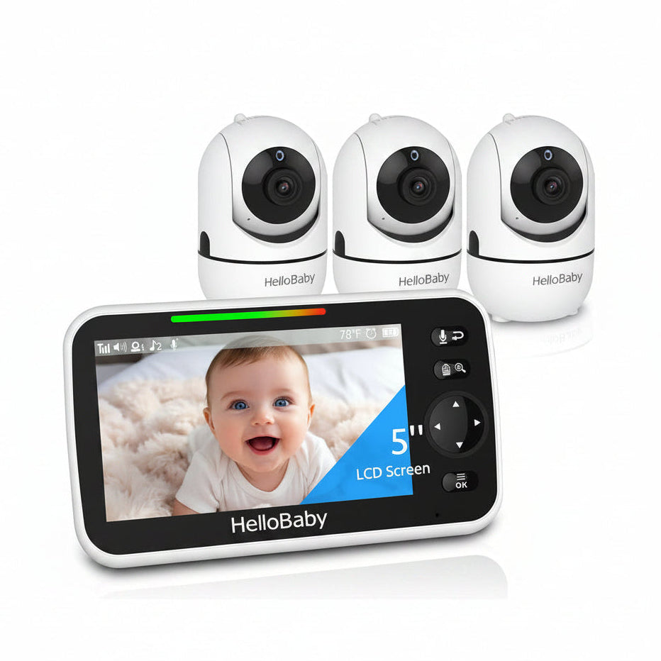 HelloBaby HB6550-3 parent display beside three matching cameras in an official manufacturer rendering.