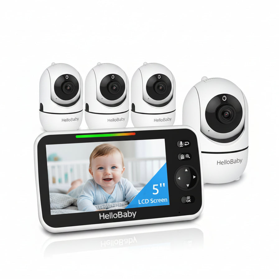 HelloBaby HB6550-4 four matching cameras beside one 5-inch parent display in an official manufacturer rendering.