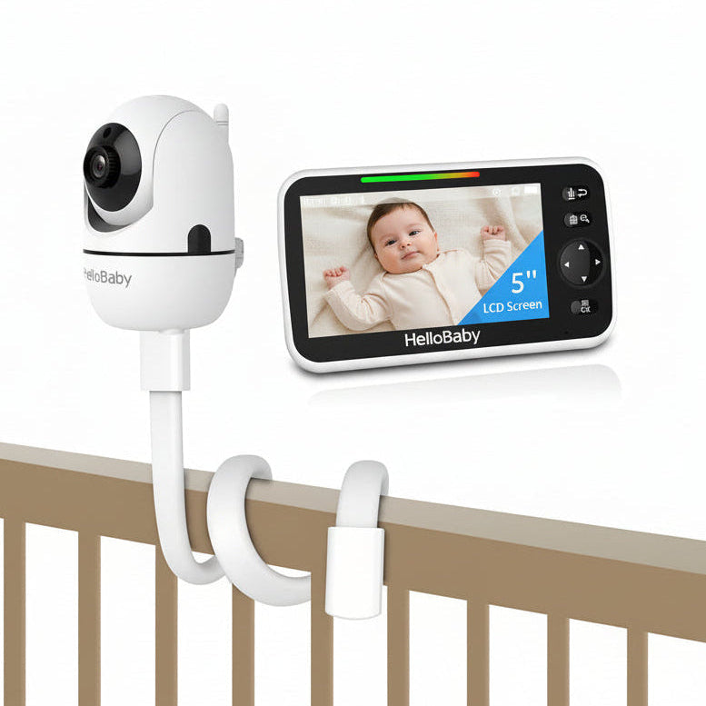 HelloBaby HB6550 five-inch display and one camera shown with the stand in official manufacturer product art.