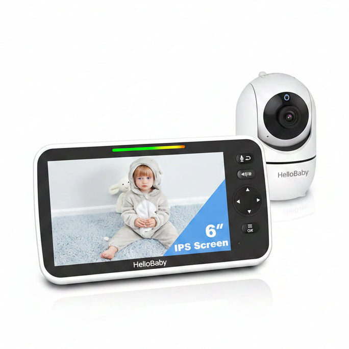 HelloBaby HB6550Plus parent display marked 6-inch IPS beside one camera, in a manufacturer-served product image.