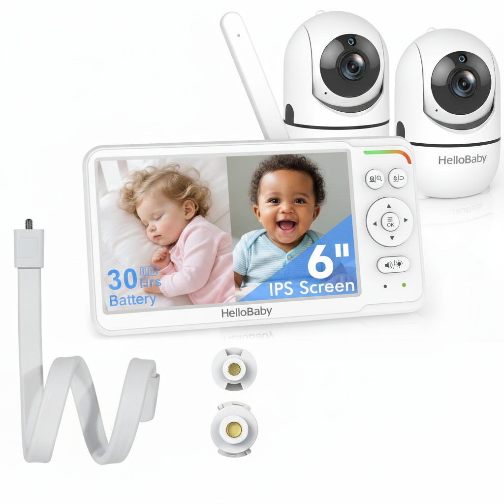 HelloBaby HB6560-2 two-camera stand bundle rendering with screen, cameras and stand hardware.