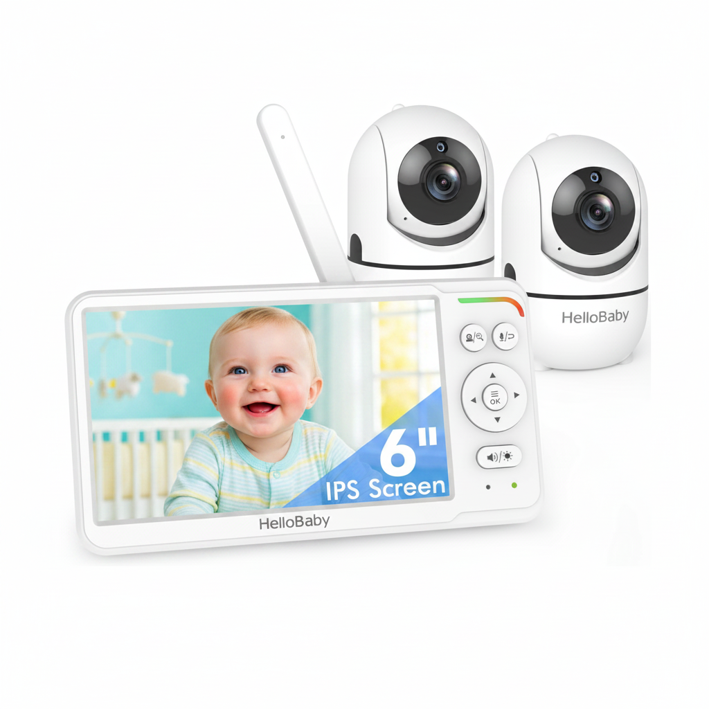 HelloBaby HB6560-2 two-camera monitor kit rendering with a 6-inch parent screen and two cameras.