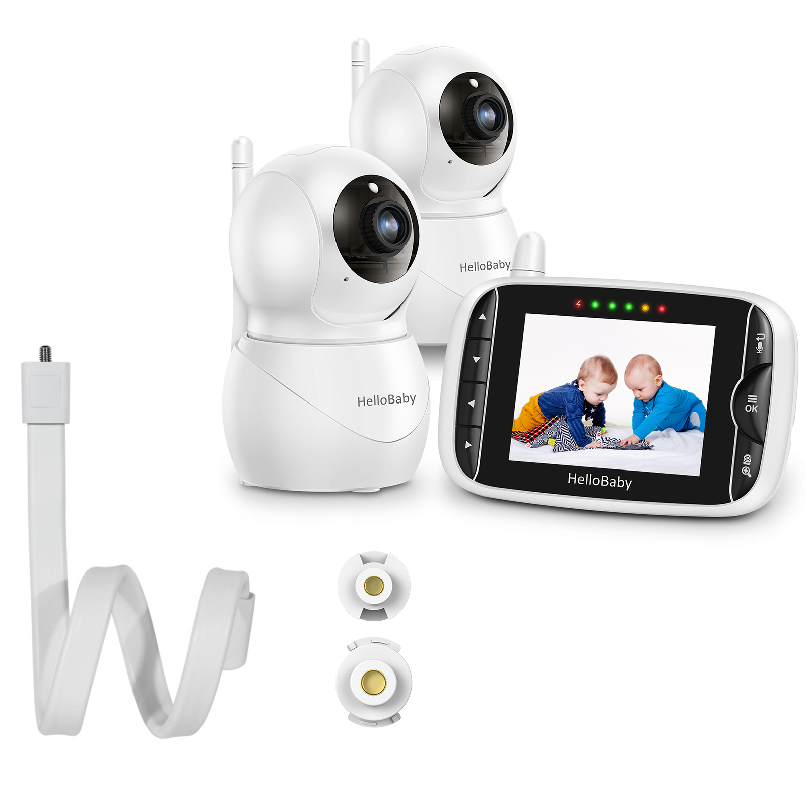 HelloBaby HB66Pro-2 manufacturer image showing two cameras and one parent receiver; screen content is illustrative.