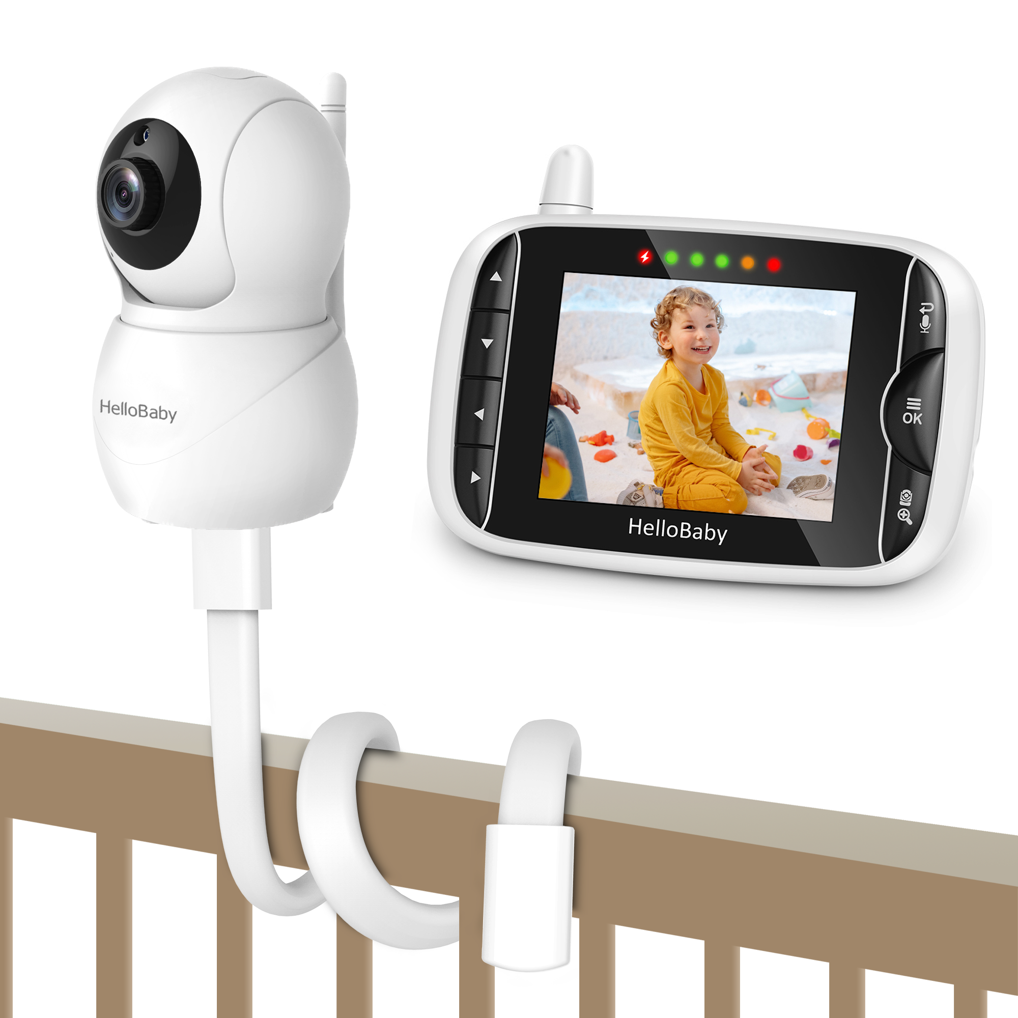 HelloBaby HB66pro stand-package manufacturer image showing the camera on a flexible mount beside the parent receiver.