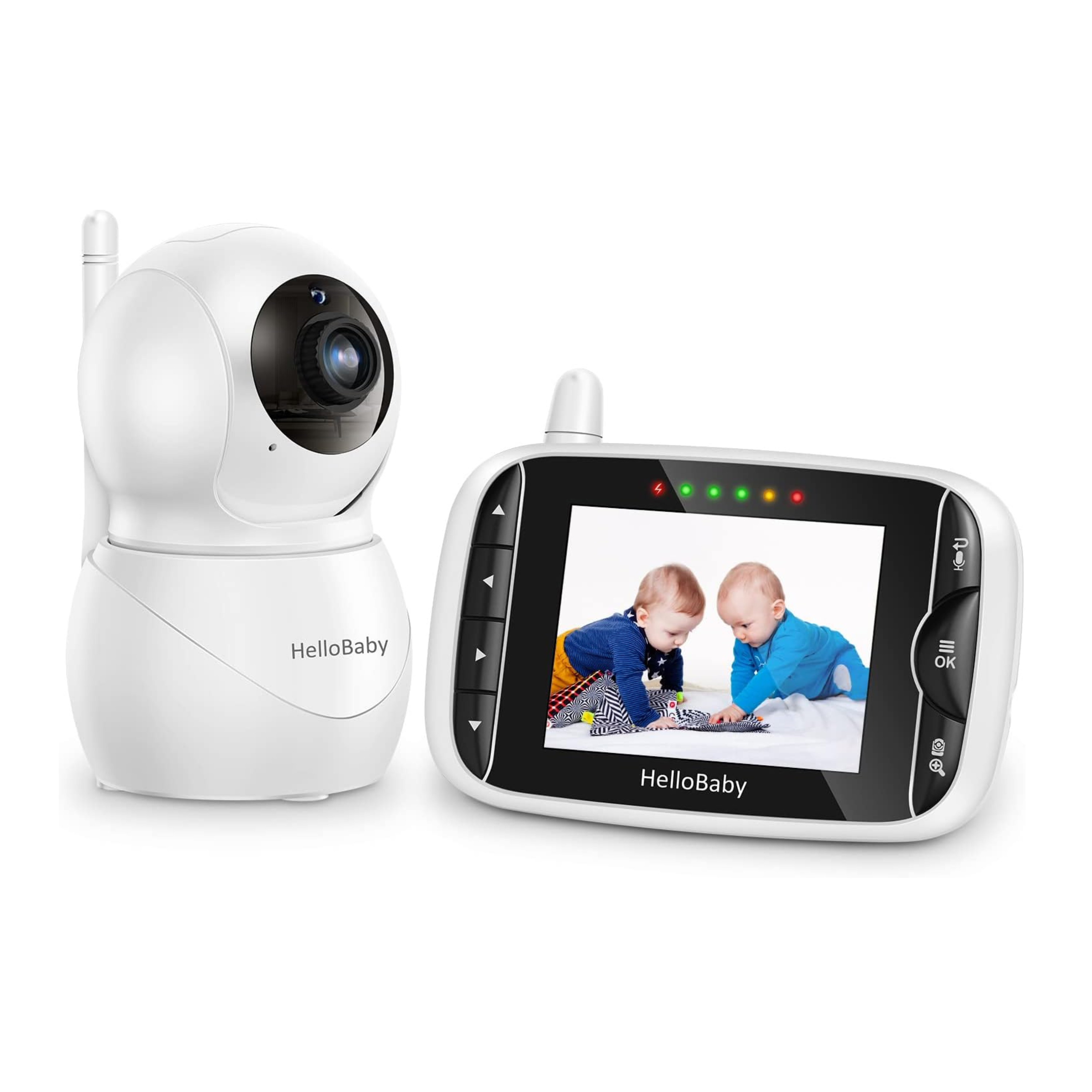 HelloBaby HB66pro manufacturer image showing one parent receiver and one motorized camera; receiver screen content is illustrative.